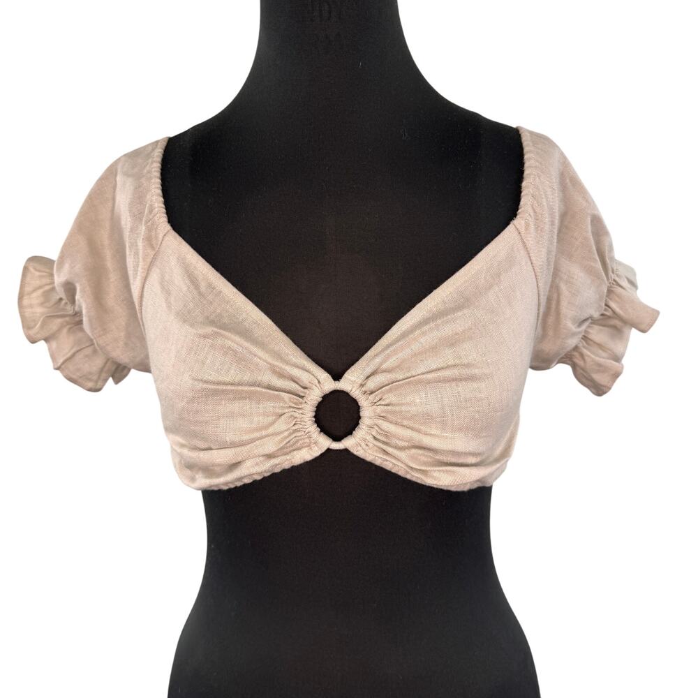 MONDAY Beige Crop Top Linen O-Ring Sweetheart Smocked Puff Sleeve Size Small S